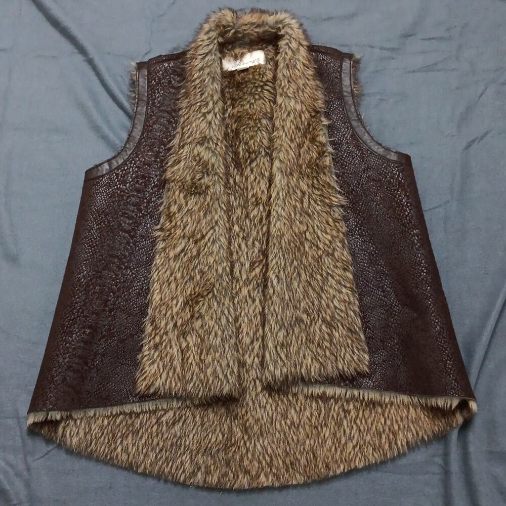 Vintage Havana Vest‎ Womens Medium Vegan Leather Fur Lined Brown Boho Retro